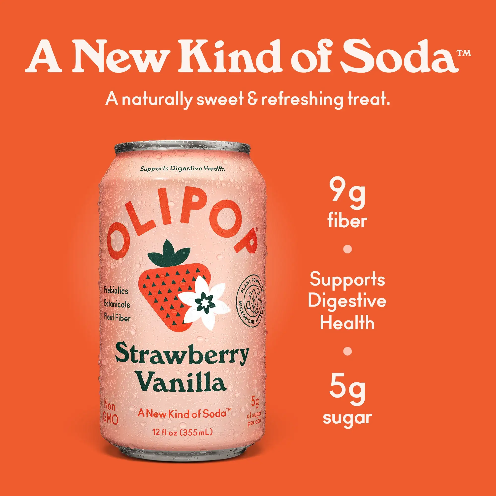 OLIPOP Prebiotic Soda Strawberry Vanilla 12 fl oz Refrigerated - Image 2