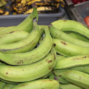Pile of green bananas stacked in a market display